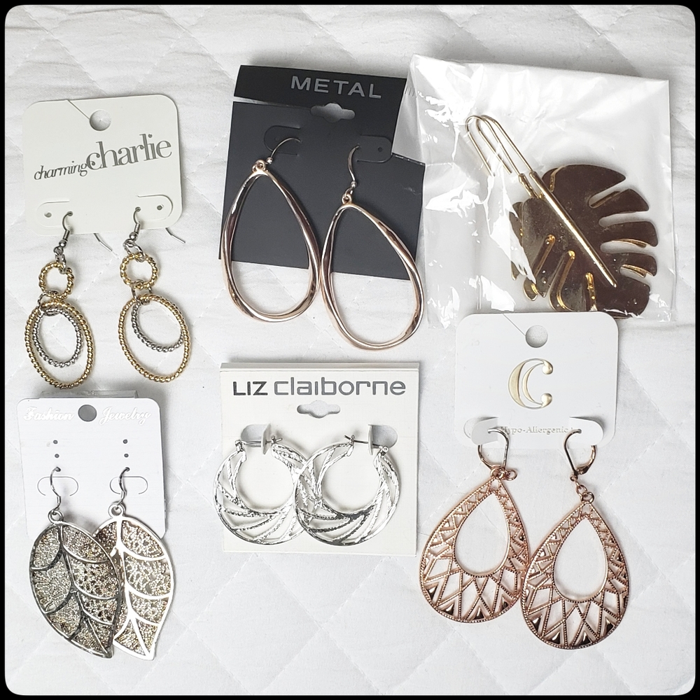 New In Packaging Metallic Hoops and Leaves Earring Bundle of 6 for Pierced Ears